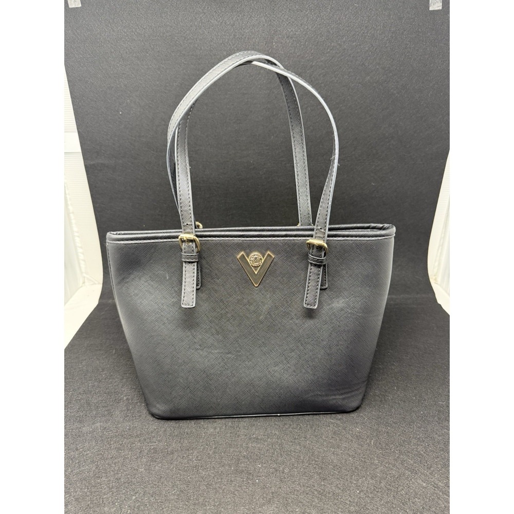 Orlandi Valentino Black Tote Handbag Gold Tone Logo Shoulder Bag Large Purse